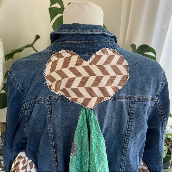 Wild Hope Upcycled Green Patterned Kantha Stretch Jean Jacket M - Picture 7 of 14